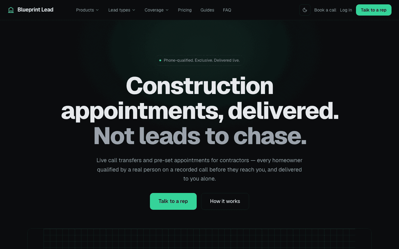 The Blueprint Lead home page at laptop width: the navigation bar, then the headline, Construction appointments, delivered, with the two buttons under it.