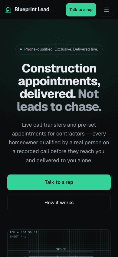 The Blueprint Lead home page on a phone: the logo and the menu button above the headline, Construction appointments, delivered.