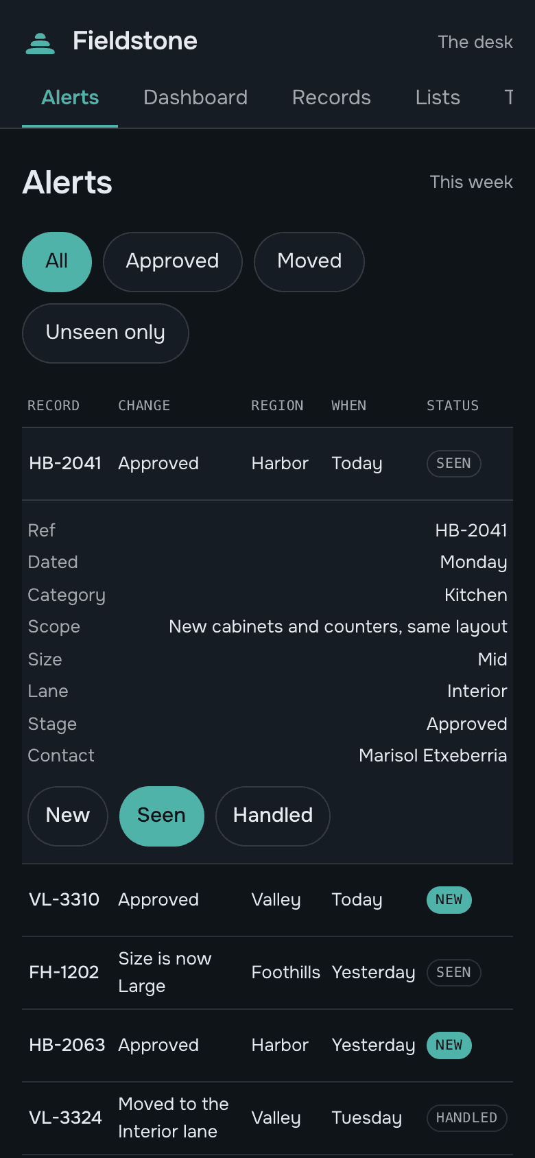 The alerts screen on a phone: a table of changed records with a status pill each, the first one open to show the record and a button for each status.