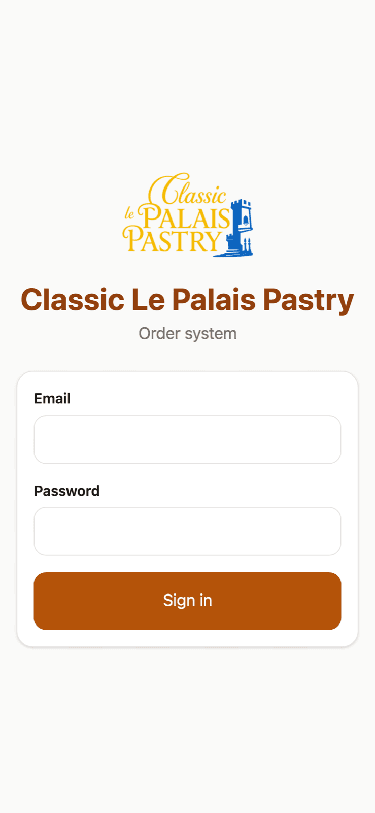 The sign-in screen on a phone: the Classic Le Palais Pastry logo above the email and password fields.