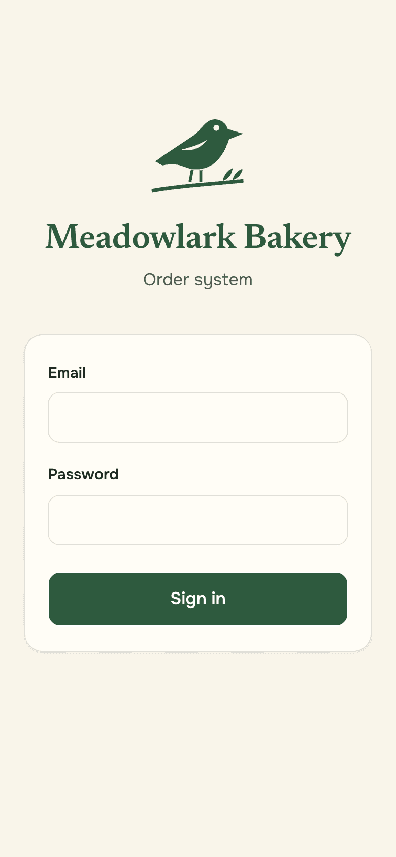 The sign-in screen on a phone: the Meadowlark Bakery bird and name over the email and password fields and the sign-in button.