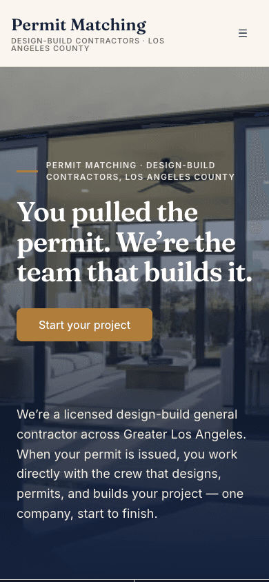 The Permit Matching home page on a phone: the logo and the menu above the headline, You pulled the permit.