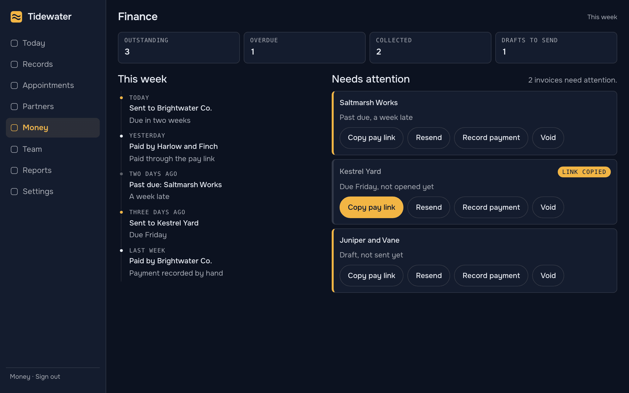 The finance screen at laptop width: the menu down the left, a row of tiles, the week's invoices as a list of events, and beside it the invoices that need attention, each with its buttons.